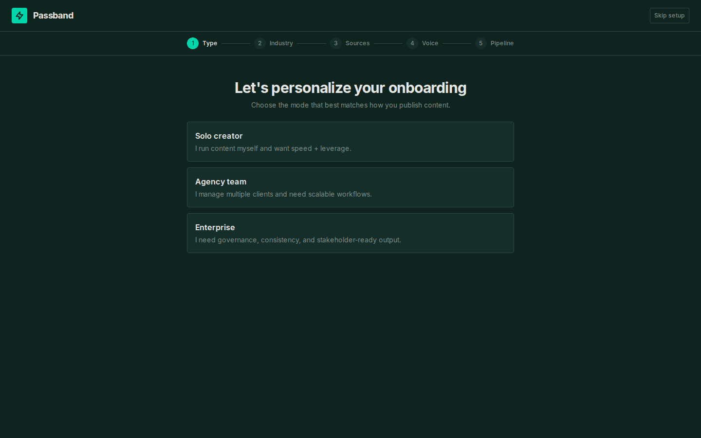 Passband dashboard with stats, pipeline status, and source health
